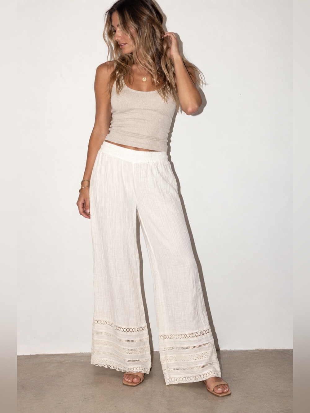 Saturday Sunday Anthropologie White Cotton Lace Wide Leg Pants Size S